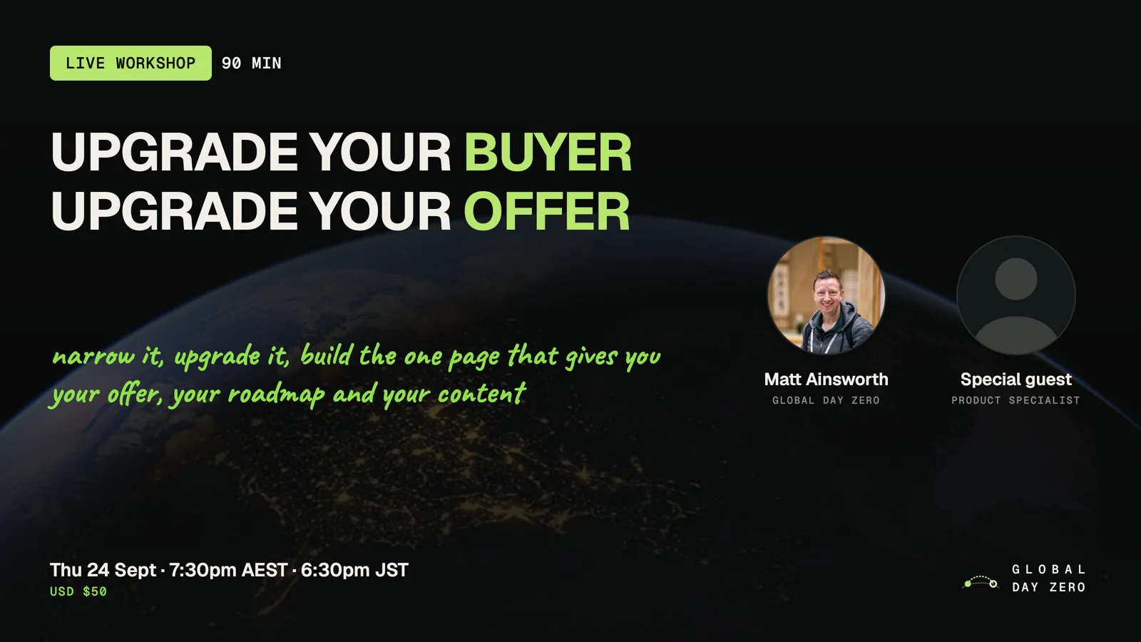 Upgrade Your Buyer, Upgrade Your Offer. Live workshop, 90 minutes, with Matt Ainsworth of Global Day Zero.